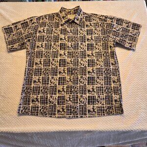 COOKE STREET Shirt Mens Large Black Beige Aloha Button Front Floral Tribal Print